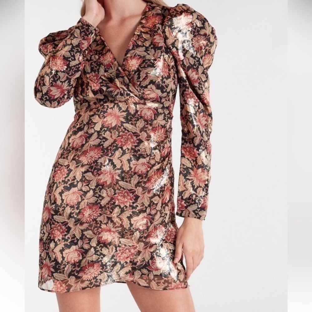 Express Floral Puff Shoulder Sheath Wrap Dress Size XS